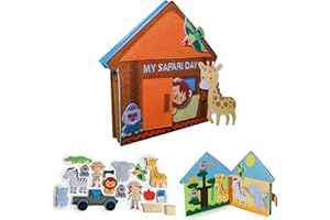 meqbem® Quiet Book | Libro Stoffa Sensoriale Educativo | Gioco Montessori | Gioco per Bambini | Idea Regalo Bambini |Atossico con Certificato CE (Singolo, My Safari Day)