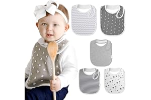 Budding Bear Unisex 5 Bavaglini Neonato Cotone Biologico 100% - Bavette Assorbenti Bambino - Bavaglino Grigio e Bianco Unisex con 4 Bottoni a Scatto Senza Nichel Regolabili- Da 0 a 36 Mesi