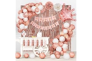 LUOBITO Birthday Decoration, Rose Gold Birthday Party Decorations for Girls Women, Happy Birthday Banner, Confetti Balloons, Curtain Foil Birthday Background, Tassel Garland, Paper Pompom