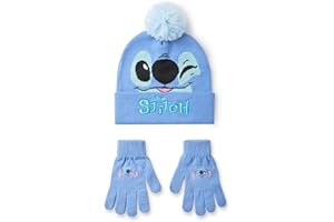 Disney Lilo & Stitch Girls Beanie Hat & Gloves Set | Blue Knitted Winter Hat with Stitch Character Face | Kids One Size Pom Pom Beanie with Heat Transfer Print Gloves | Classic Movie Merchandise Gift