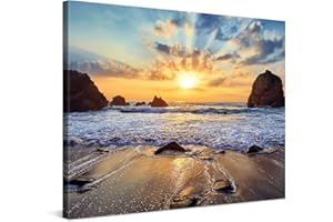 PICANOVA – Cuadro Sobre Lienzo Sunset Over Rocky Beach 80x60cm – Impresión En Lienzo Montado Sobre Marco De Madera (2cm) – Disponible En Varios Tamaños – Colección Playas