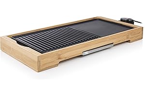 Tristar BP-2641 Plancha de table Tristar Bamboo Grill XL noire, 6 personnes, Plaque de cuisson en fonte d'aluminium, Bambou, Noir, 51 x 25,4 cm