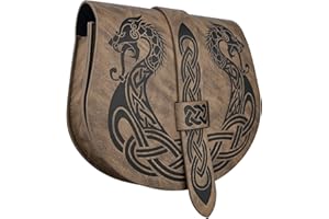 HiiFeuer Pochette de Ceinture Langskip embossée Viking, Medieval Faux Leather Flap Saddle Side Bag Sacs à Main, Sac à Ceinture Portable rétro (Marron A)