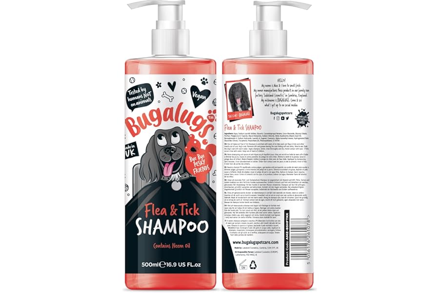 Flea and Tick Dog Shampoo by Bugalugs, Works on Smelly Puppies & Dogs, Contains Neem Oil & Eucalyptus Oils, PH Balanced Vegan Pet Shampoo, Used by Professional Groom