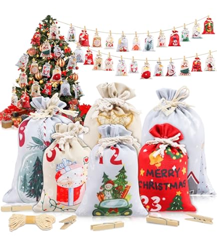 Calendario Avvento Fai da Te da Riempire, con 2m Luci Natale und Etichetta Numerici in Legno, Natale Calendario Dell'Avvento Borsa, Sacchetti Calendario Avvento da Riempire