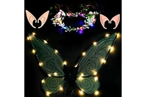 Tacobear Leuchtende Feenflügel Mädchen Damen Schmetterlingsflügel Elfenflügel Verkleiden mit Elfenohren Blumenkranz Halloween Kostüm Karneval Cosplay Geburtstag Fee Party (Schwarz)