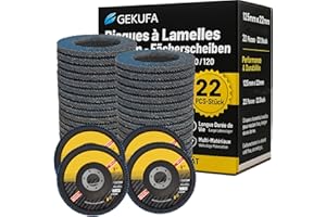 GEKUFA Disque à Lamelles 125mm Grain 40/60/80/120 pour Meuleuse d’Angle, Lot de 22 Disques abrasifs à lamelles, Ponçage et Ébavurage Métal Bois.