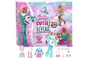 Barbie Cutie Reveal-adventskalender med docka och 24 överraskningar, julkalender med färgförändring, HJX76