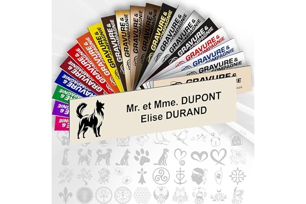 Plaque Boîte aux Lettres Déco Personnalisable De 1 À 3 Lignes – Logo Ou Motif Avec Nom Gravé – Adhésive PVC – 10 x 2,5 cm (Beige + Dessin)