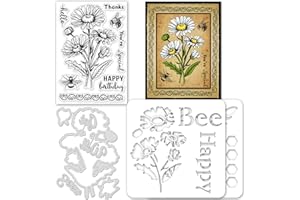 GLOBLELAND 4Pcs Layered Daisy Flower Silicone Clear Stamps Metal Bee and Text Cutting Die Cuts Craft Stencils Template for Card Making and DIY Embossing Scrapbooking Craft Decor