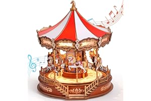 ROBOTIME Puzzle 3D de Madera Clásico Carrusel Caja de Música con Luces LED, Maquetas para Construir Adultos, Manualidades Regalo para Jóvenes y Adultos