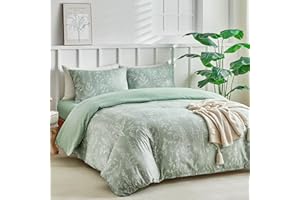 Tokokimo King Size Duvet Cover Sets 4 Piece Sage Green Bedding Set with Fitted Sheet - Floral Pattern Soft Microfiber King Size Bedding (1x Duvet Cover, 2x Pillowcases, 1x 40cm Deep Fitted Sheet)