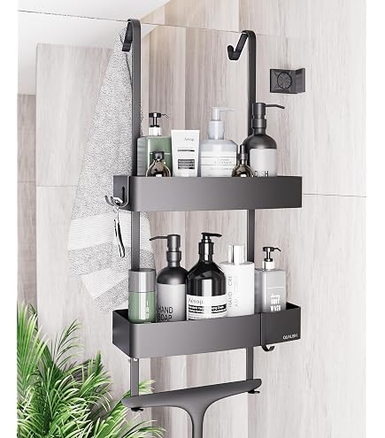 Orimade Duschregal Für Glastür – 3 Etagen Verstellbar, Mit Haken & Seifenhalter, Dunkelgrau, Rostfrei