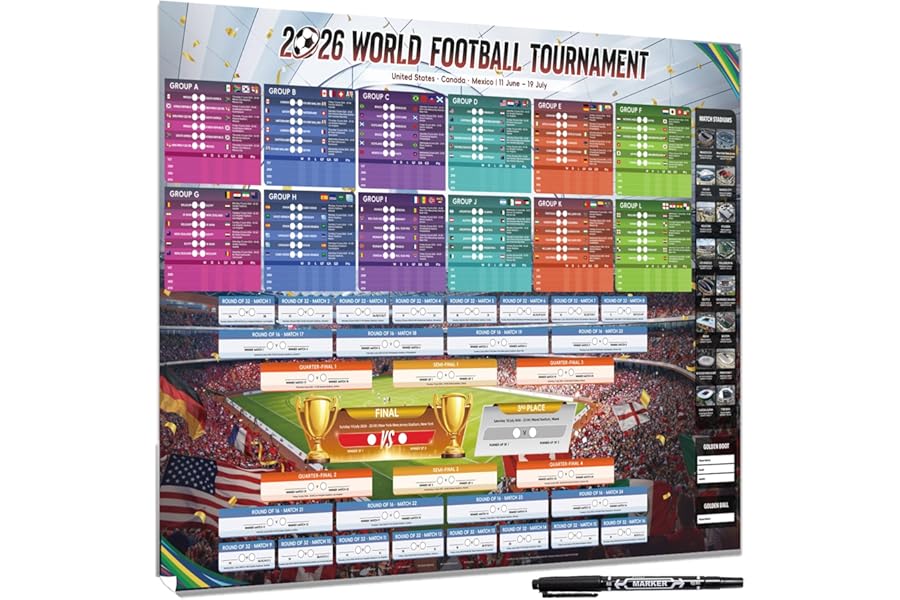 AhfuLife Extra Large World Cup Football 2026 Wall Chart for Party Decorations - 100 x 70cm World Cup WallChart Poster 2026 - Includes 48 Teams Group Knockout Final Results Wall Calendar