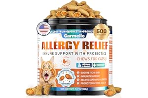 Carmelie Cat Allergy Chews, 500 Crunchy & Creamy Chews, Cats Itchy Skin Comfort Treats with Colostrum, Probiotics - Skin & Paw Licking, Coat Comfort & Digestive Balance - Chicken and Krill Flavor