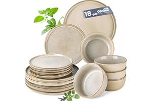 GBhome Stoneware Dinner Sets for 6 People, 18 Pieces Handcrafted Embossed Plates and Bowls Set, Scratch Resistant Dinnerware Set, Dishwasher & Microwave Safe Crockery Set (Cappuccino, Set of 18)