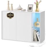 SONGMICS HOME Sideboard, Snapsemble Super Fast Assembly | TV Cabinet with Lighting and Glass Shelf, Snow White, KADIN Collect