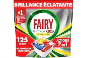 Fairy Platinum Plus Tablettes Lave-vaisselle Tout-en-1, 125 Tablettes (25x5), Parfum Citron, Technologie Anti-Terne, Prévient le Calcaire, Système Pré-Lavage Intégré, Efficace en Cycle Court