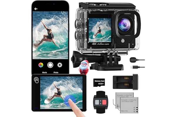 Camlance 4K60FPS Caméra Sport à Écran Tactile 48MP Caméra d'action avec 64GB Carte,40M Caméras Étanche,EIS Camérasous-Marine 170° avec WiFi Télécommande,2 * 1350 mAh Divers Accessoires