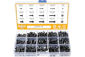 Faankiton 560 pièces M3 M4 M5 Assortiment de vis 6 pans, Vis avec écrous Assortiment Noir, Acier au Carbone Bouton Boulons