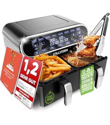 Comfy Nest, CNAFD45NS, Friteuse à air chaud, Friteuse à air, double panier numérique 2400W 9L en acier inoxydable, cuisson saine et rapide, idéale pour vos repas en famille, 9L, argent