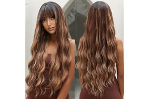 OUFEI Parrucca lunga ondulata marrone evidenziante con frangia capelli sintetici naturali resistenti al calore per le donne Cosplay uso quotidiano festa