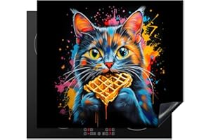 KitchenYeah© Protection Plaque Induction 60x52 cm Protege Deco Cuisine Cache Protège De Cuisson Accessoires Chat - Graffiti - Coloré - Gaufre - Nourriture