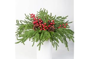 HBell 6Pcs Norfolk Pine Stems,18''Real Touch Artificial Pine Branch Christmas Foliage Picks Tree Filler Branches for Xmas Vase Filler Wreath Garland Home Decor (Pinecone)