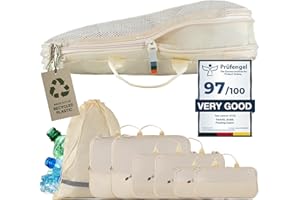 TRAVEL DUDE Zestaw toreb do pakowania z kompresją z butelek plastikowych pochodzących z recyklingu | zestaw torebek do pakowania do plecaka i walizek | Beżowy 7-częściowy