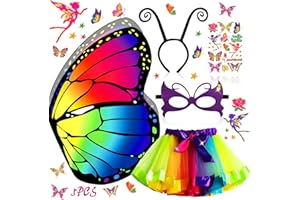 MOYKSRR Kostium Motyla dla Dzieci, Kostiumu Peleryny Motyla z Kolorowymi Skrzydłami, Maską, Tiulową Spódnicą, Opaską na Głowę i Tatuażami, Skrzydła Motyla dla Dziewcząt na Cosplay, Karnawał