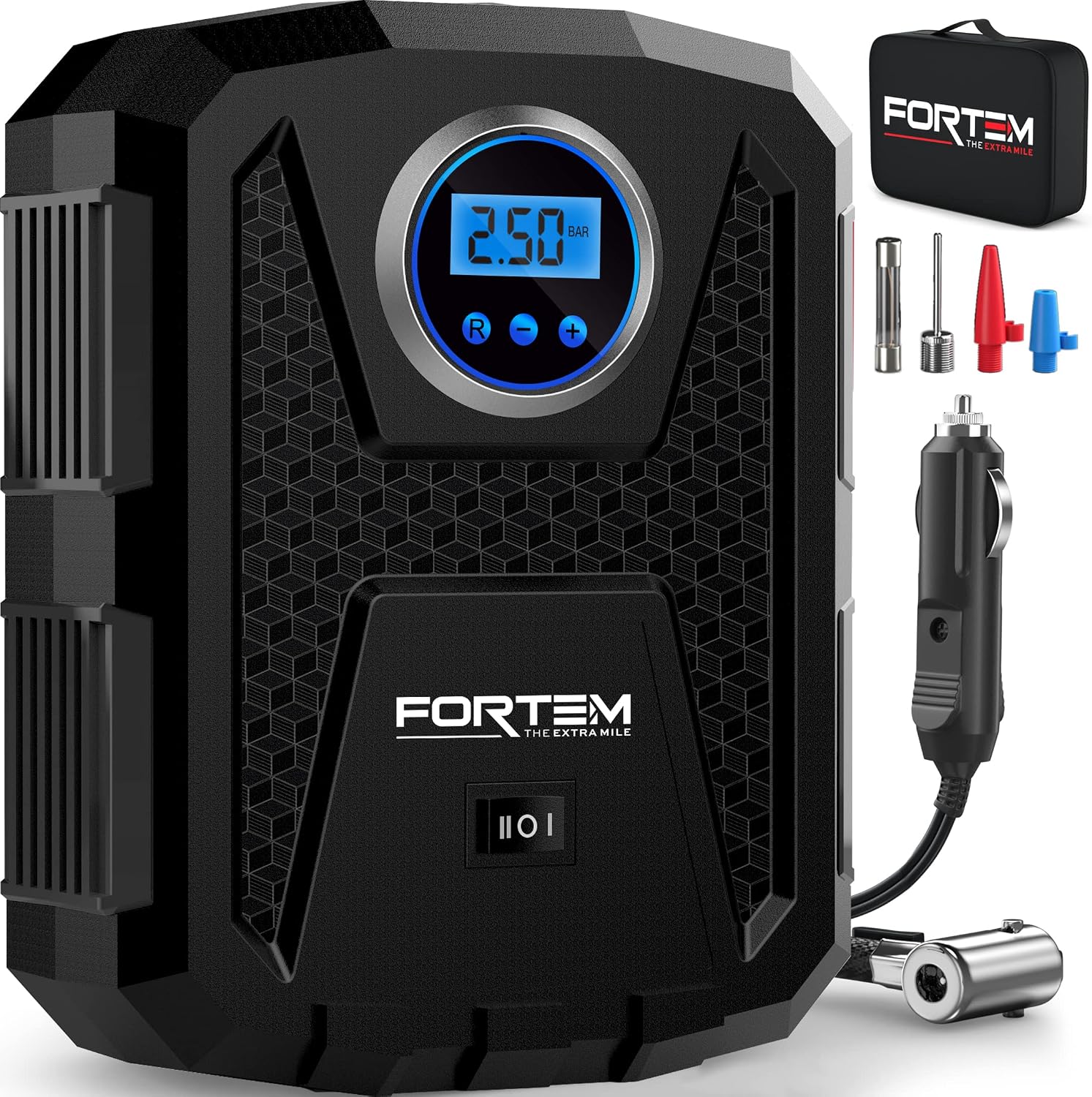 FORTEM Car Tyre Inflator 150 PSI, Air Compressor, Electric Air Pump for Car Tires, Digital Tire Pump w/Auto Pump/Shut Off, Carrying Case