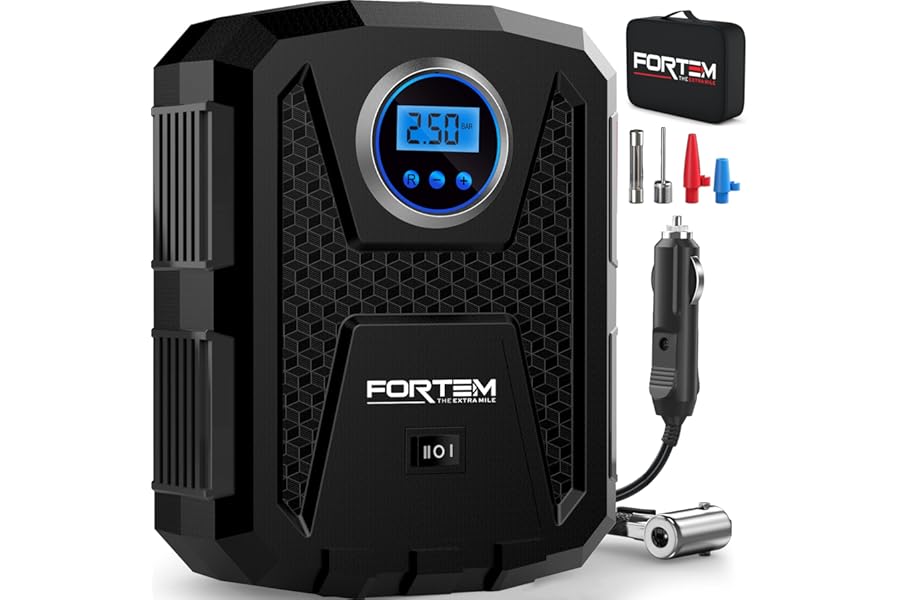 FORTEM Car Tyre Inflator 150 PSI, Air Compressor, Electric Air Pump for Car Tires, Digital Tire Pump w/Auto Pump/Shut Off, Carrying Case