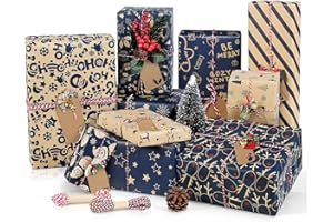 AELION Christmas Wrapping Paper Sheets, Xmas Gifts Wrap Paper Set, 10 Kraft Navy Blue Theme Designs Present Decorations With Tags Printed Snowflakes Santa Elk for Party Holiday New Year