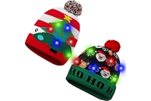 SHOKUTO 2Pcs Christmas LED Light Up Hats, Xmas Beanie Knitted Hat with 6 Colorful LED - Unisex Novelty Christmas Hat, Ugly Sweater Holiday Beanie Cap for Children and Adults