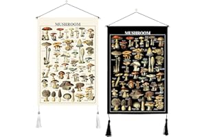 ORTIGIA 2 Pack Mushroom Tapestry with Tassels Vintage Tapestry Wall Hanging Illustrative Reference Chart Fungus Tapestry Wall Art Colorful Home Decor for Bedroom Living Room 14" W x 20" L (35cmx50cm)