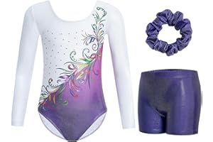 Gogokids Dziewczęcy trzyczęściowy zestaw trykotów gimnastycznych z długim rękawem, dziecięce stroje gimnastyczne z gradientowym wzorem cekinów, zawiera trykot, szorty i opaskę do włosów, błyszczący