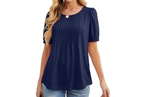 GRECERELLE Damskie letnie topy na co dzień szykowna miękka tunika z krótkim rękawem z przodu plisowana wiosna koszulki z okrągłym dekoltem koszulki luźna bluzka dla kobiet