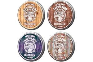 Viking Revolution Beard Balm Variety Pack - Sandalwood - 1 oz (4 Pack) | Sandalwood, Pine & Cedar, Bay Rum, Clary Sage - Perfect for Travel - Deeply Conditions & Shapes with Classic Scents