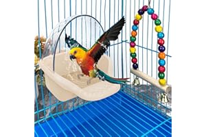 LANFLY Bird Bath Box Cage Birdbath Toy Parakeet Caged Bathing Tubs Budgie Bath Tub Water Shower Food Feeder Holder Tray Bird Baths for Birdcages Accessory Small Birds Canary Cockatiel Budgies Parrot (Beige)