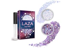 Laza Body Glitter, 2 Jars Iridescent Chunky Sequins with Glitter Glue for Women Eyeshadow Makeup Face Paint Festival Rave outfits Hair Concert Accessorie Carnival Party Costumes - Fantasy Purple White