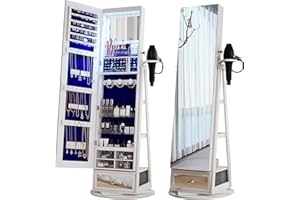 ‎FREDEES FREDEES Jewellery Cabinet with Mirror, 360° Rotating Jewellery Cabinet with Full Length Mirror, Standing Jewellery Cabinet with LED Lights (White)