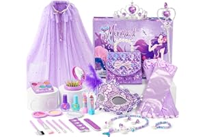 G.C Sirena Giocattoli Regalo Bambina 3 4 5 6 7 8 Anni con Set Trucchi Bambina & Mantello Viola & Pochette & Smalto Unghie & Gioielli, Sirena Regali Bambina per Compleanno Party Halloween Natale