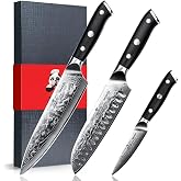 SHAN ZU 3 Piece Damascus Kitchen Knife Set, Japanese Knife Set | 67 Layers Japanese Steel, G10 Handle, Chef Knife Santoku Kni