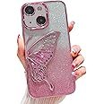 mobistyle Silicone Designed For iPhone 15 Plus Cover With Glitter Cute Butterfly Electroplating Design Back Cover Case For Women Teen Girls (Pink)