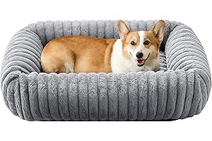 Oveppy Dog Bed for Medium Large Dogs, Super Soft Rectangle Washable Dog Beds, Warming Furry Pet Bed with Removable Zipper Cover, Grey, 25 x 21 x 8inch, Suitable for Dogs Under 30lb