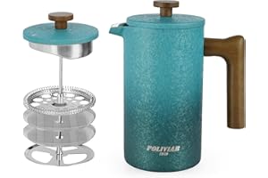 POLIVIAR 7379 POLIVIAR Cafetiere 8 Cup, French Press Coffee Maker with Wood Handle, Double Walled Insulated Cafetiere &1 Extra Filter, Insulated 1L French Press for Coffee & Tea, Includes 1 Extra Filter