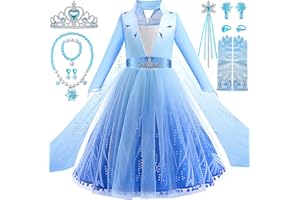 G.C Vestito Elsa Frozen Bambina 3 4 5 6 7 8 Anni, Costume Principessa Bambina Vestito Carnevale Frozen con Gioielli Bacchetta Magica Corona Halloween Natale Compleanno Frozen Regalo Bambina