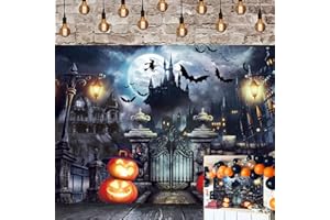 WANGRJ Halloween Photography Backdrop Horror Moon Pumpkin Lantern Castle Gate Bats Cemetery Background Haunted House Kids Adults Halloween Night Party Supplies Decorations 8x6FT