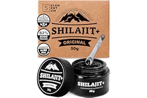5 ELEMENTUM Shilajit Puro del Himalaya 82% Ácido Fúlvico – Alta Concentración – Resina Pura y Natural – 30g / 60 Días – Recolectado a Mano – Cuchara Dosificadora 500mg – También llamado Himalayan Mumijo