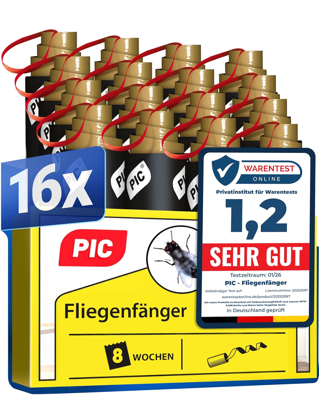 PIC Fliegenfalle Innenbereich 16 Stück, Fliegenfänger Klebeband Giftfrei | Ohne Chemie, bis zu 8 Wochen wirksam, spiralförmig zum Aufhängen, ideal für Küche, Esszimmer und Wohnzimmer